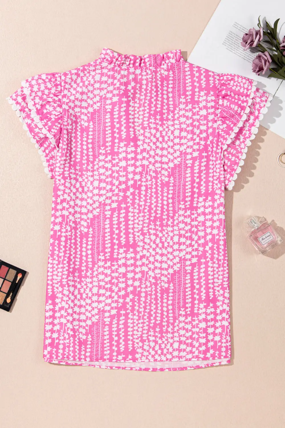 Abstract Print Ruffled V-Neck Blouse