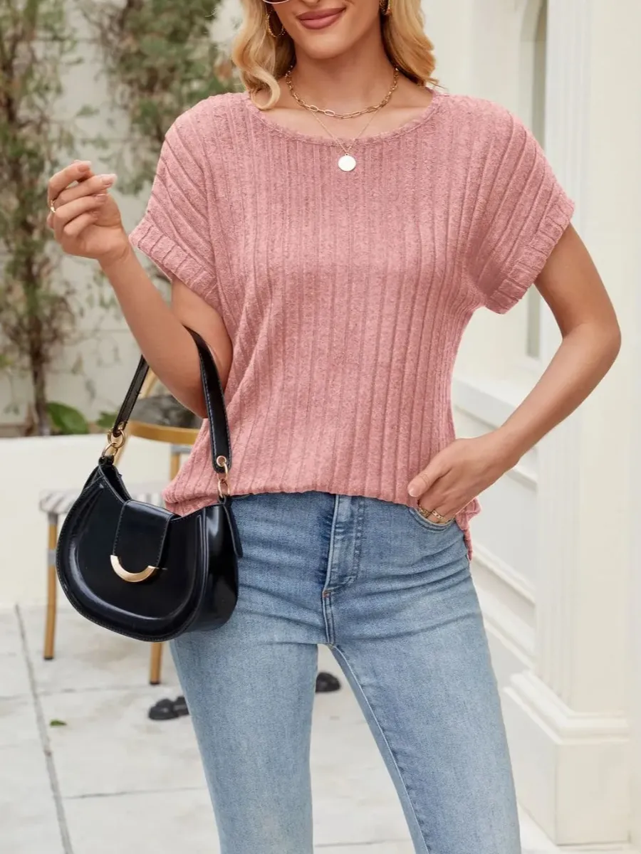 Relaxed Round-Neck Short-Sleeve Ribbed T-Shirt