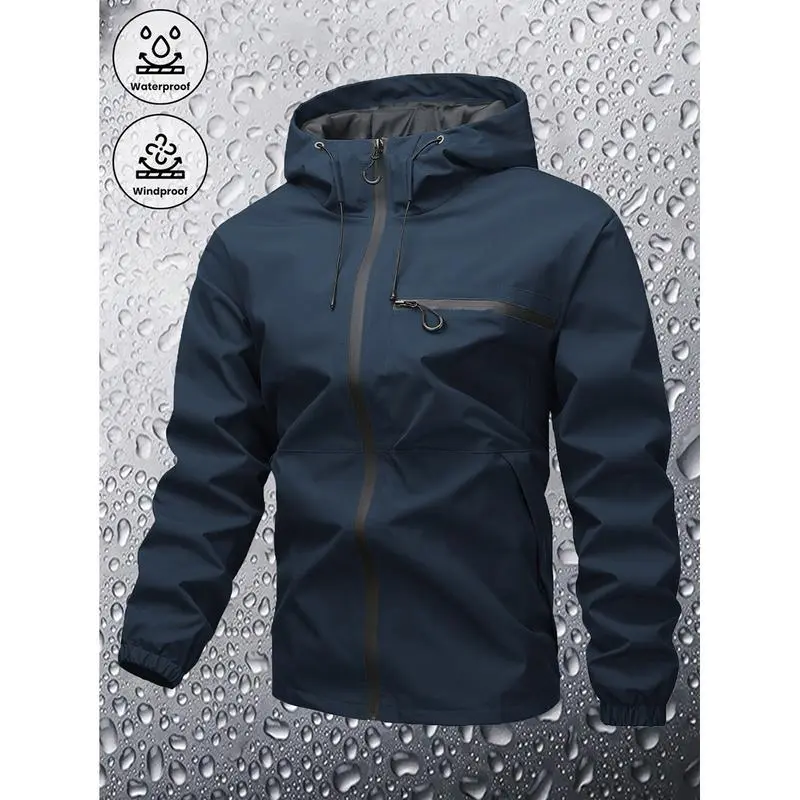 Men's Plain Waterproof Windproof Drawstring Zip Up Hooded Jacket, Casual Long Sleeve Zipper Pocket Design Outerwear for Outdoor Activities, Men's Clothes for All Seasons, Menswear m 65 jacket Stripe Print Baseball Bomber Jacket