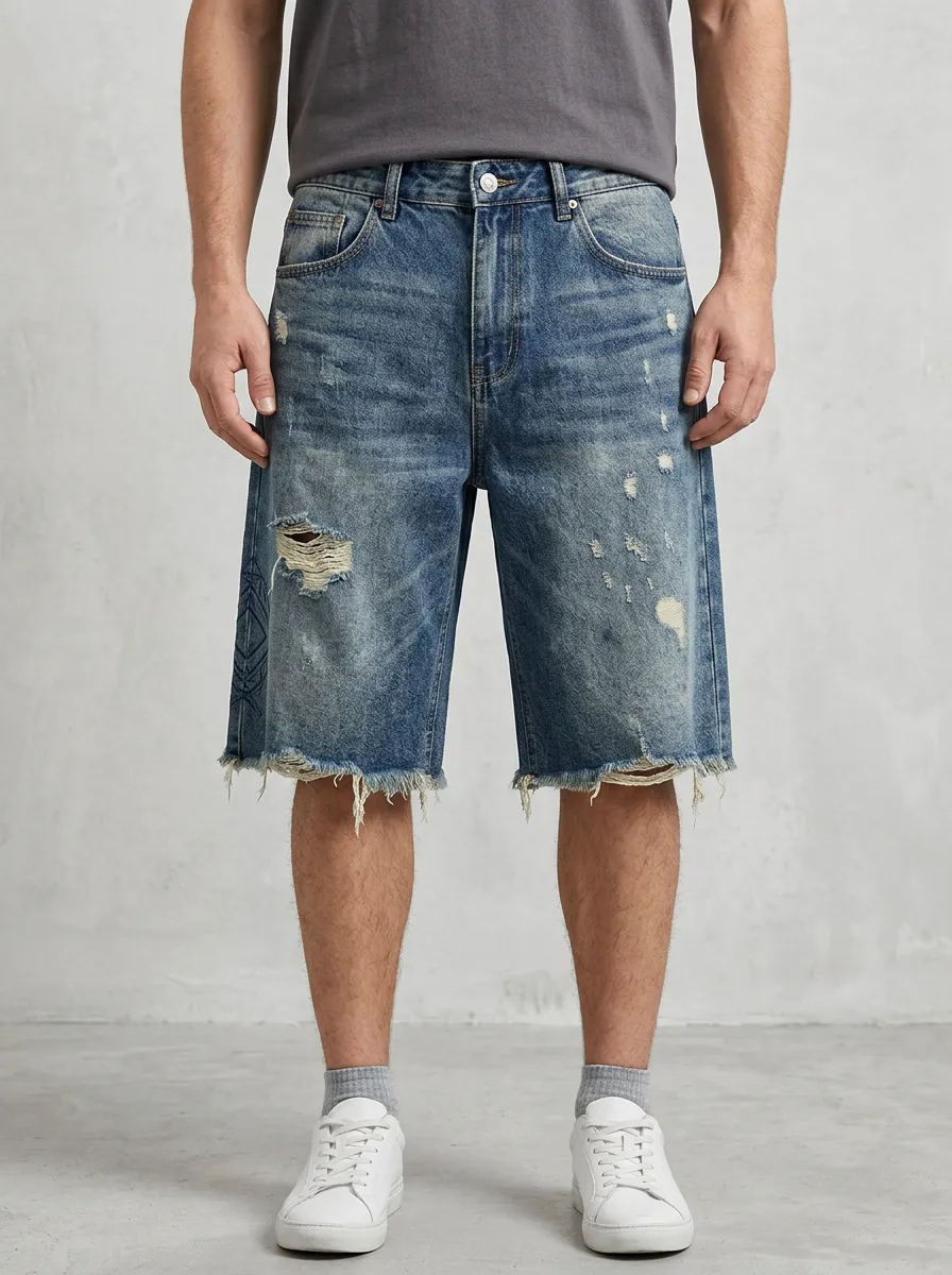 Men's Modern Geometric Distressed Raw Hem Distressed Denim Shorts