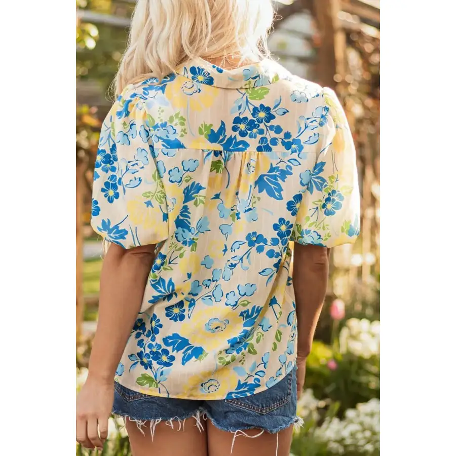 Printed Puff Sleeve Button Down Summer Shirt