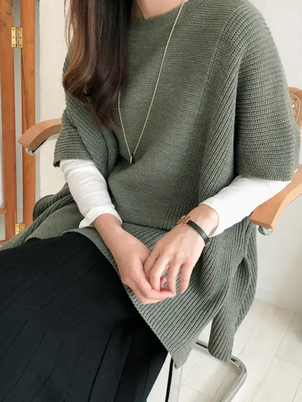 Casual Split Hem Round Neck Relaxed Fit Sweater