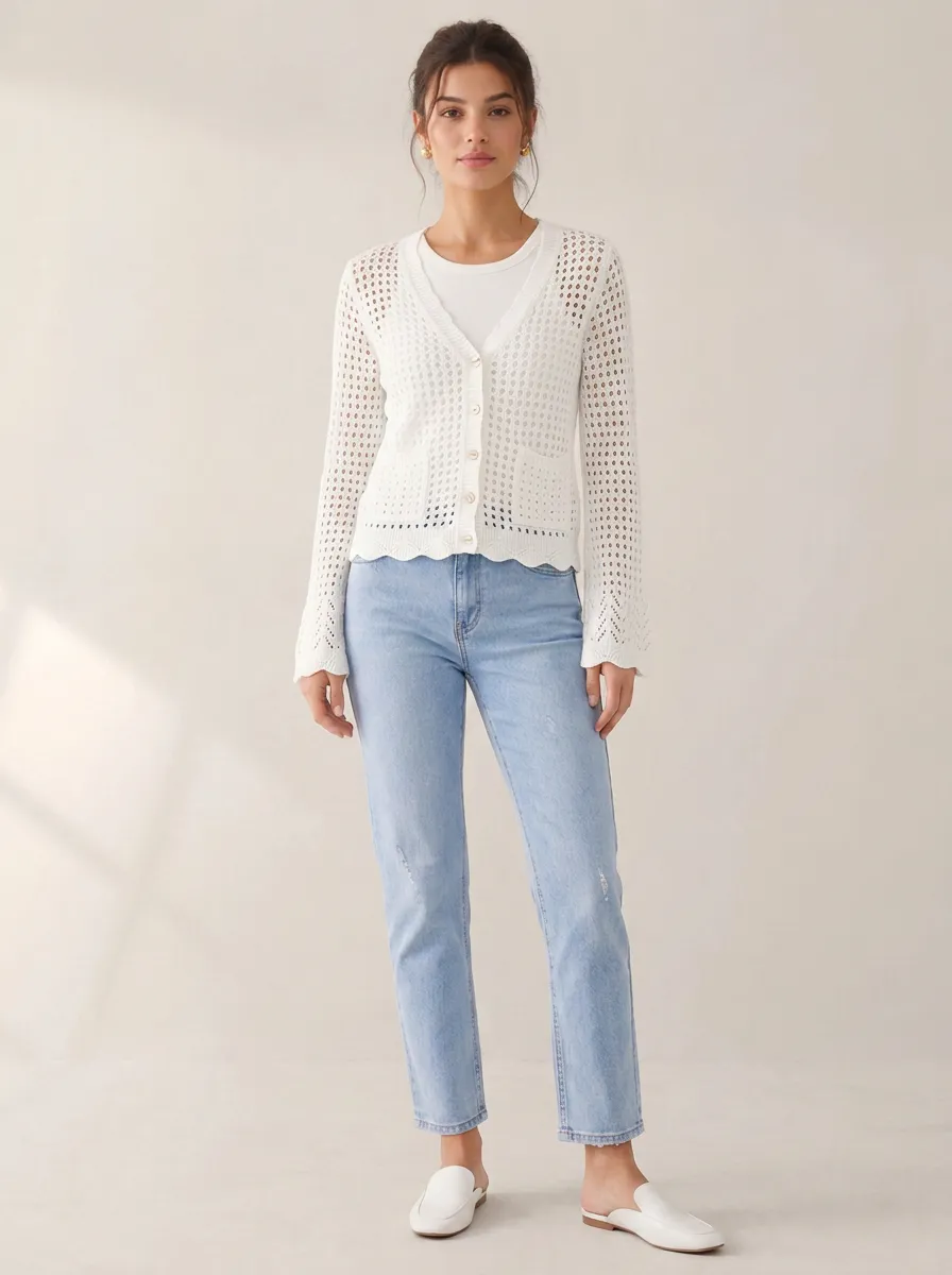 Women's Casual White Crochet Knit Button-Down Cardigan Top
