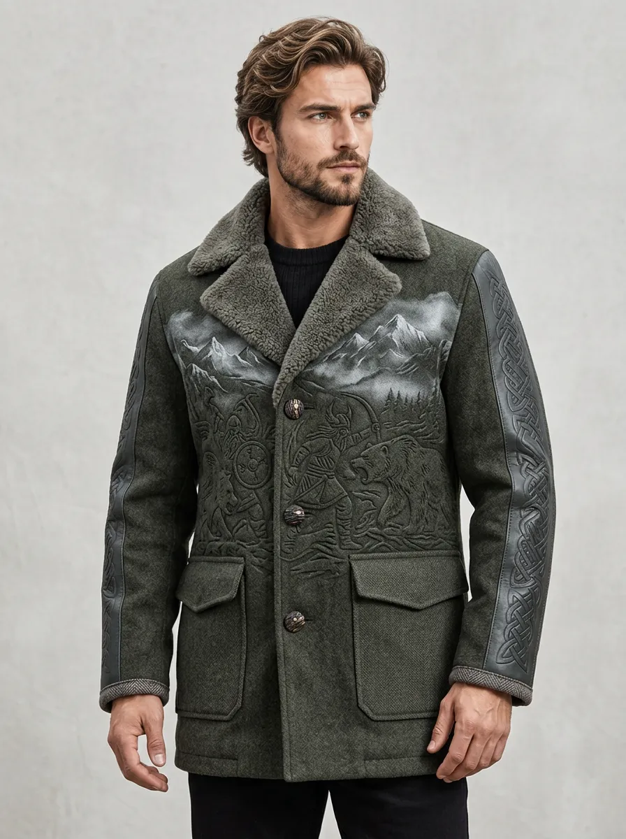 Men's Sherpa-Look Bear Sherpa-Collar Knotwork Warm Jacket