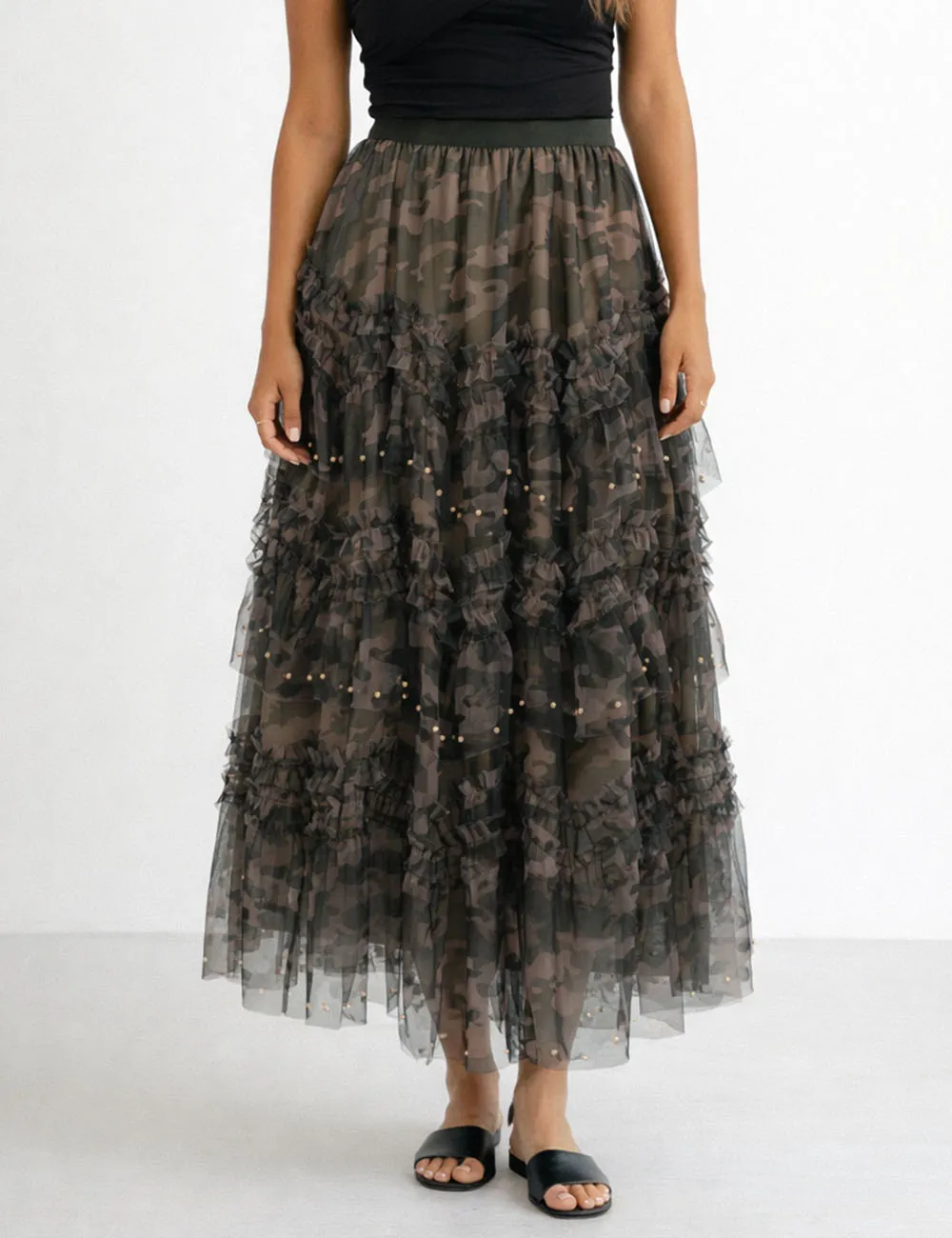 Casual Camo Pearl Tiered Ruffle Tulle Maxi Skirt