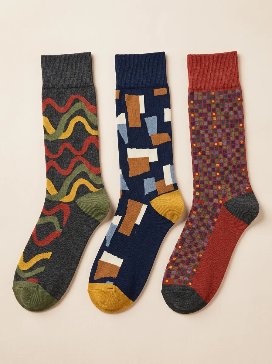Men's Geometric Abstract Pattern Print Features Ribbed Cuffs Secure 3-Pack Socks
