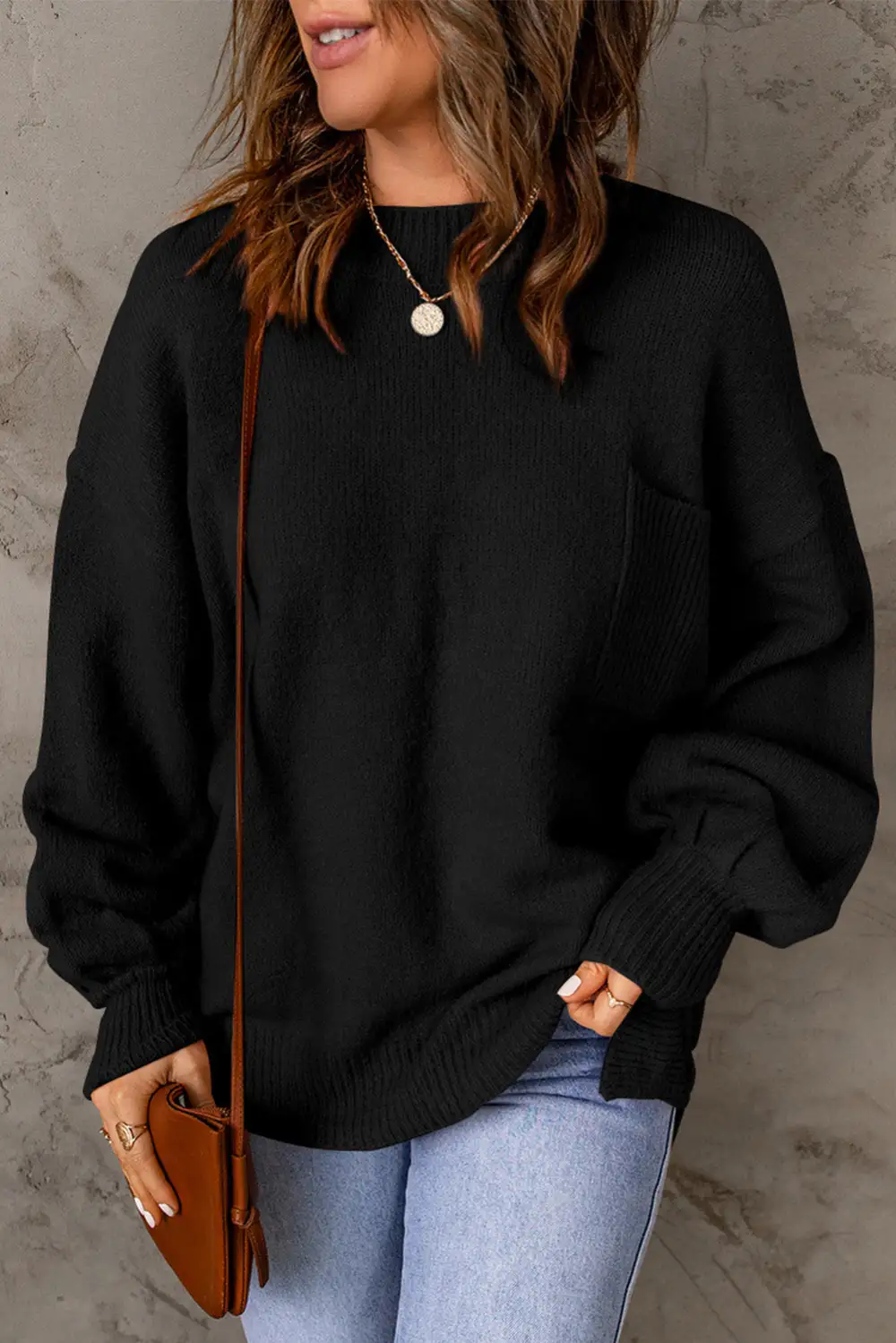 Solid Puff Sleeve Pocketed Sweater