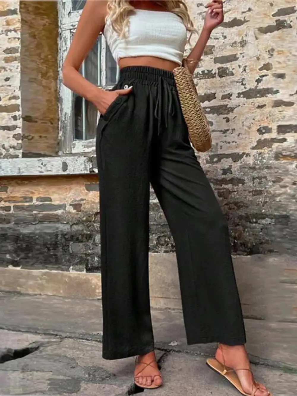Lightweight Tie Waist Tie Detail Pants