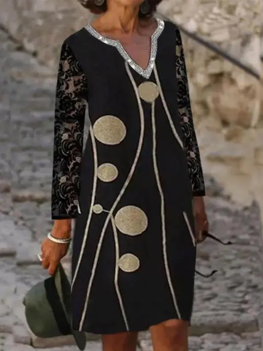 Lace Long-sleeved V-neck Digital Printing Casual Dress