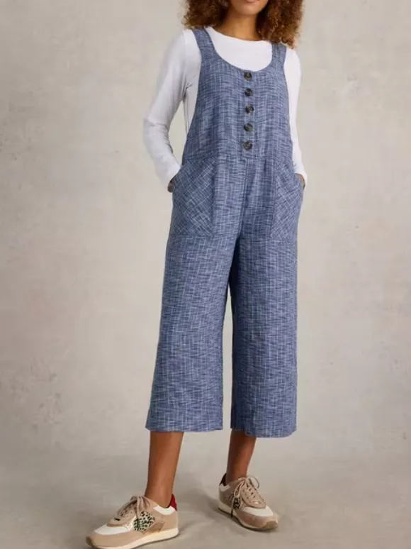 Linen Dungaree In Chambray Blue