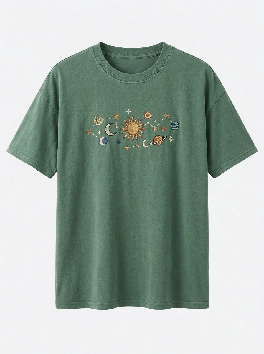 Unisex Celestial Space Lover Sun Moon Planets Embroidered T-shirt