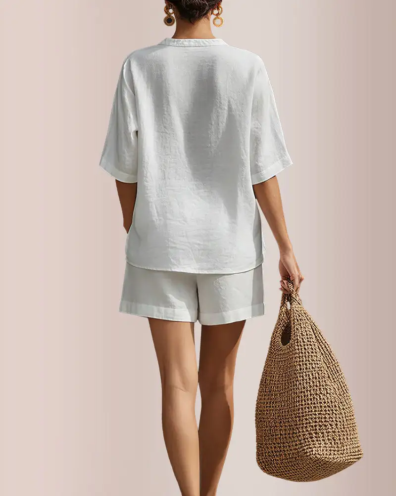 Linen Blend V-Neck Top and Shorts Two-Piece Set