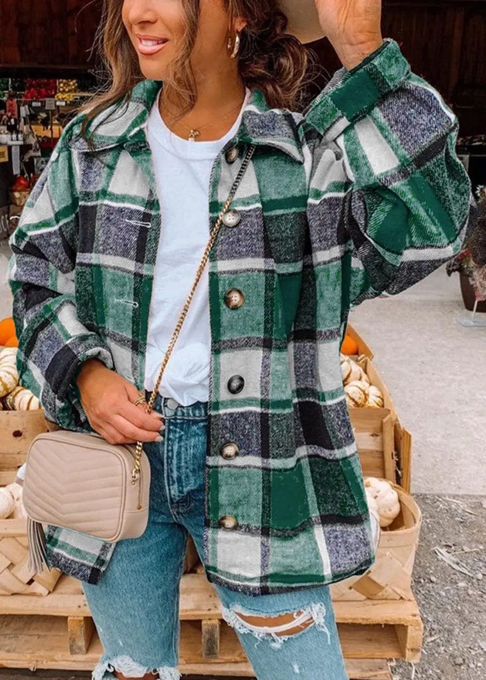Women's 2023 Fall Clothes Plaid Shacket Jacket Long Sleeve Button Down Flannel Shirts Fashion Blouse