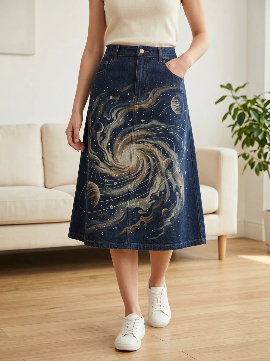 Women's Galaxy Print Denim Midi Skirt
