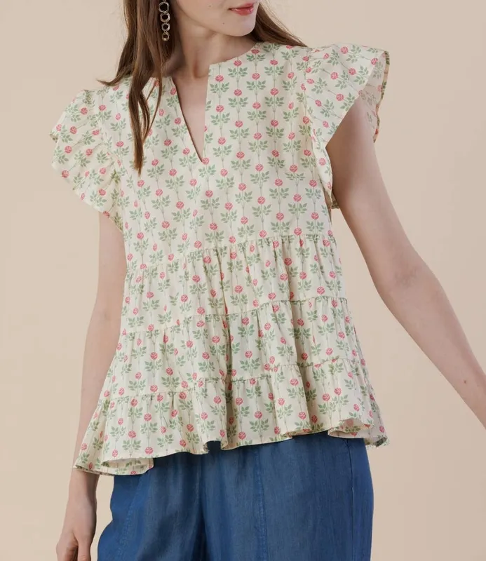 Floral Flutter Sleeve Tiered Blouse