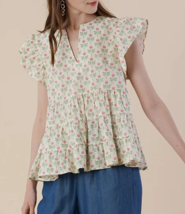 Floral Flutter Sleeve Tiered Blouse