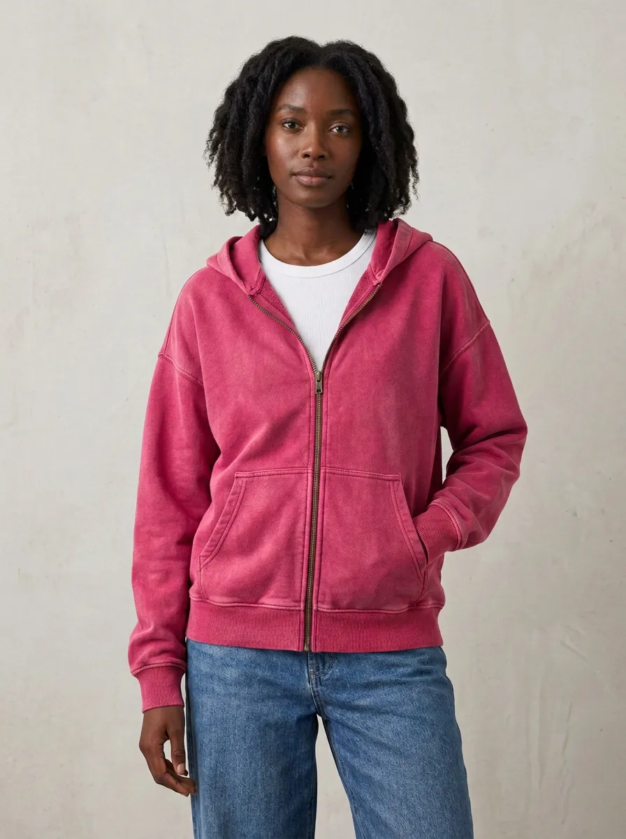 Vintage-Wash Zip-Up Women's Zip-Up Hooded Jacket