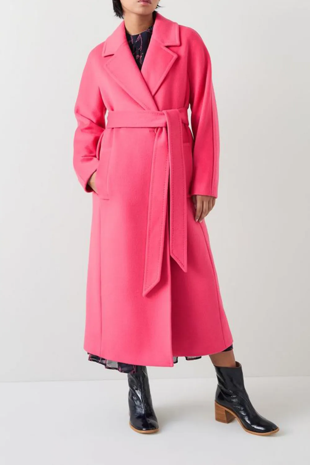 Pink Belted Long Wool Blend Coat