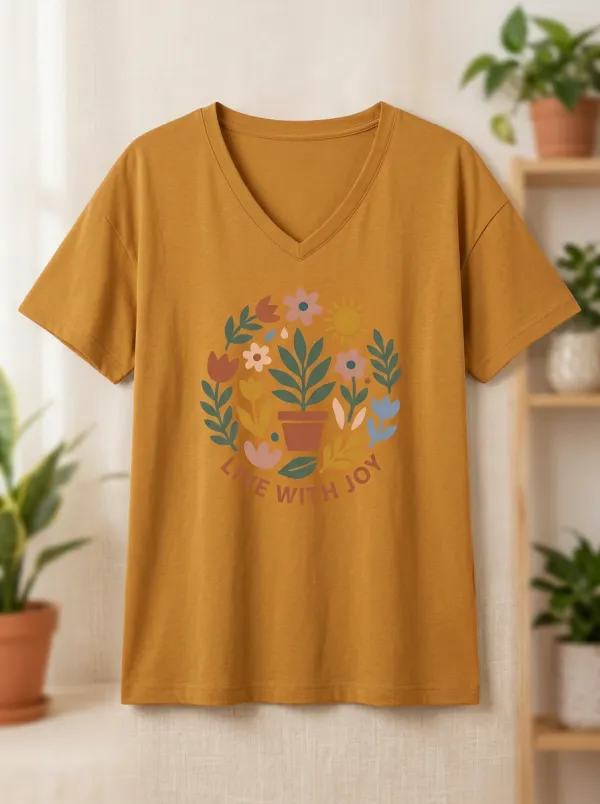 Women's Plant Live With Joy Floral Print T-Shirt