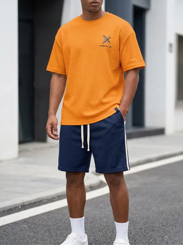 Classic Waffle Texture Sport Look Men's T-Shirt And Shorts Set
