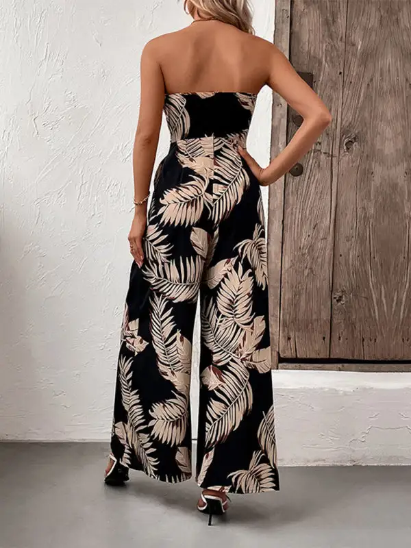 Plant Leaf Print Tube Top Jumpsuit