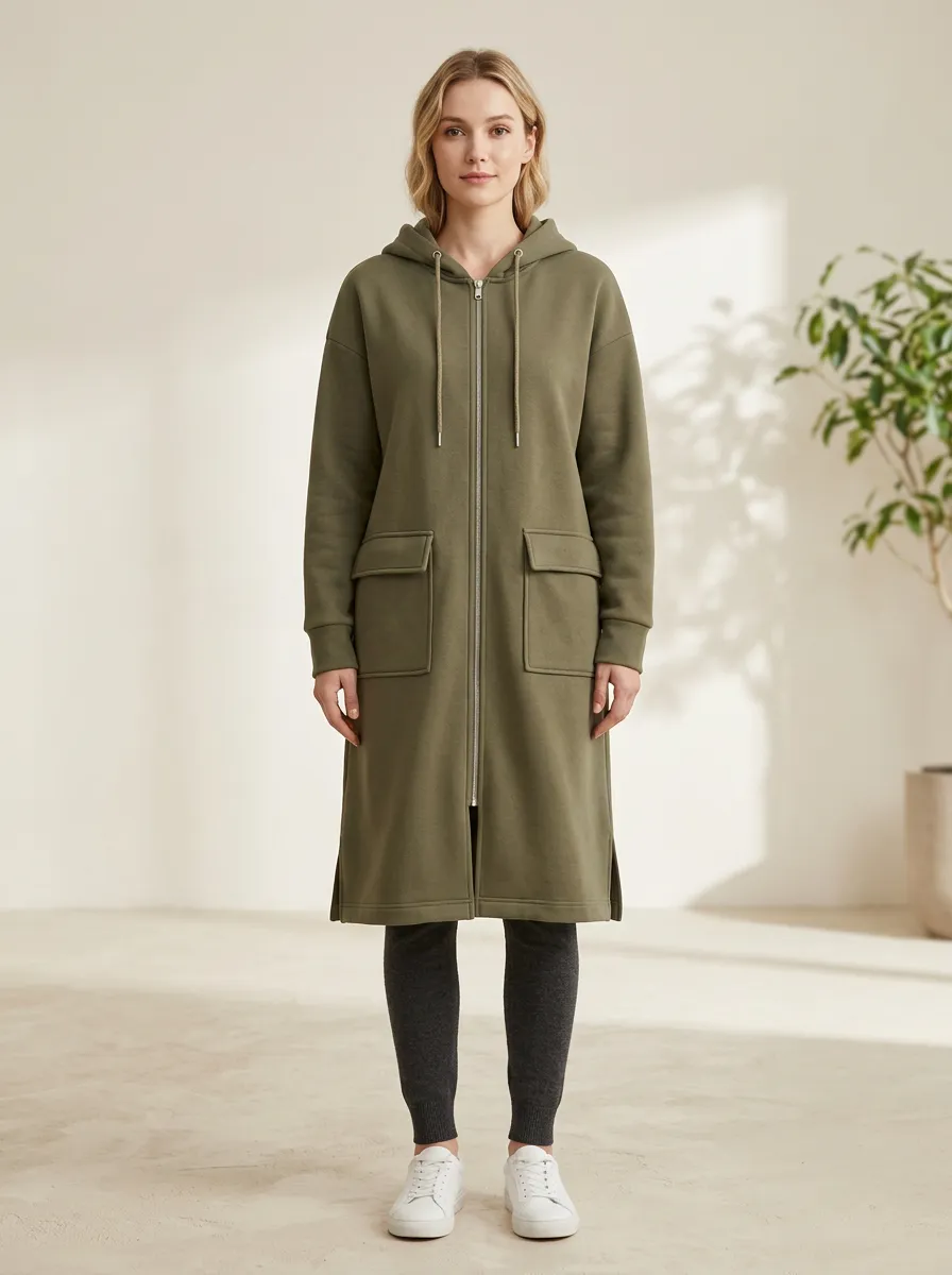 Functional Zip-Up Long Hooded Coat