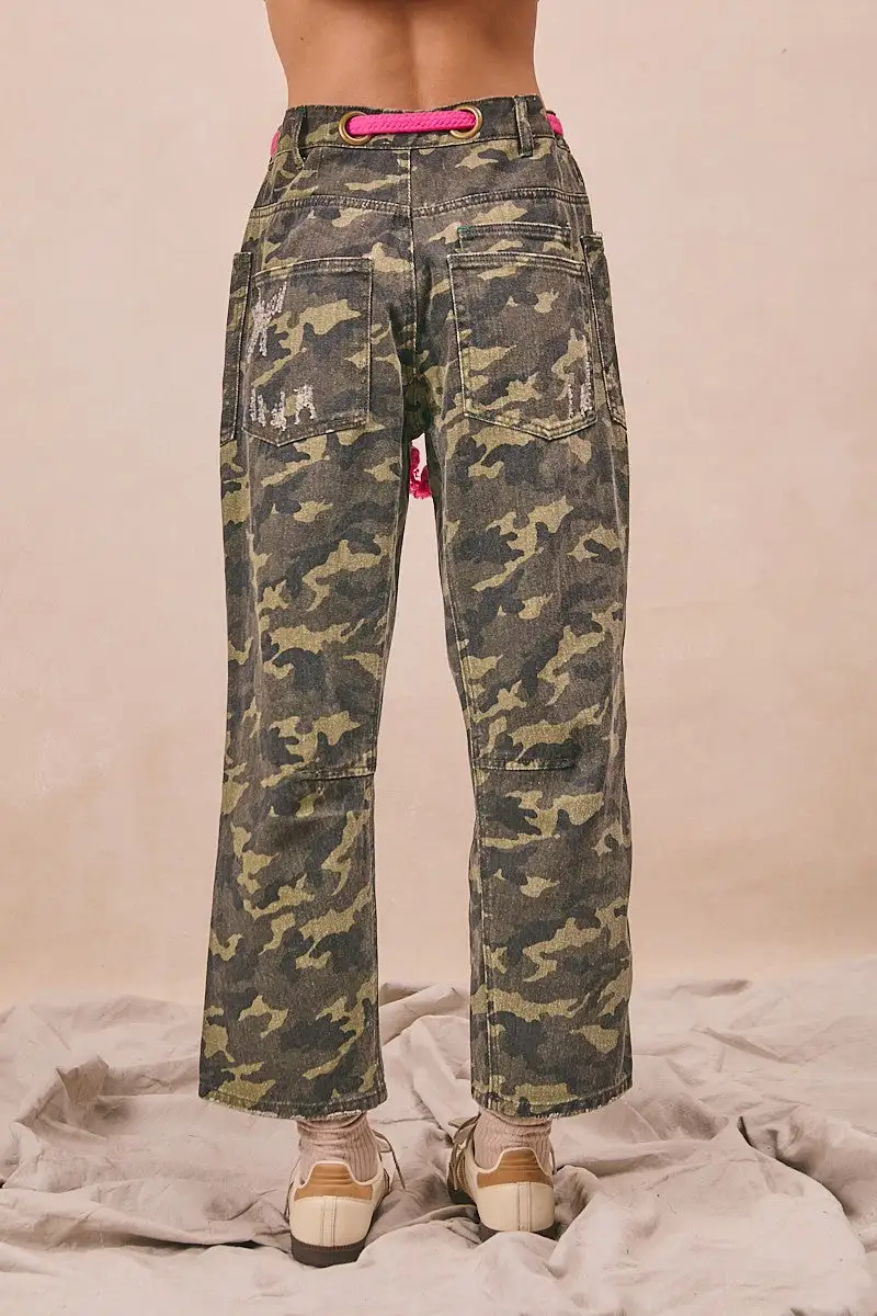 Sequin Camouflage Print High Rise Relaxed Fit Pants