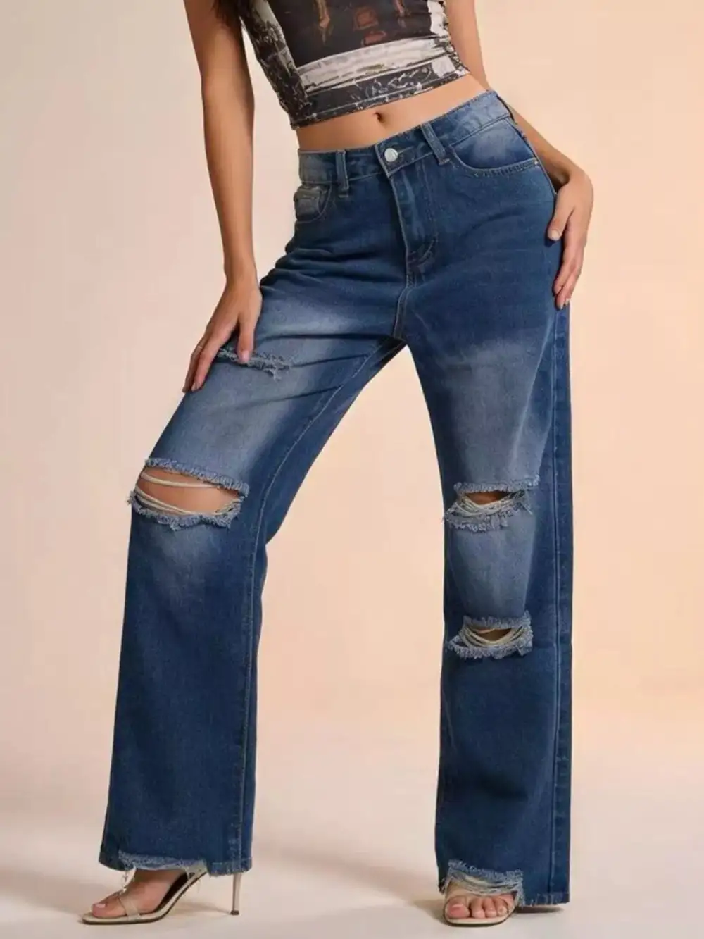 Classic Wide Leg Distressed Denim Jeans