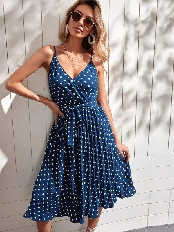 Women Polka Dot Wrap Belted Cami Dress