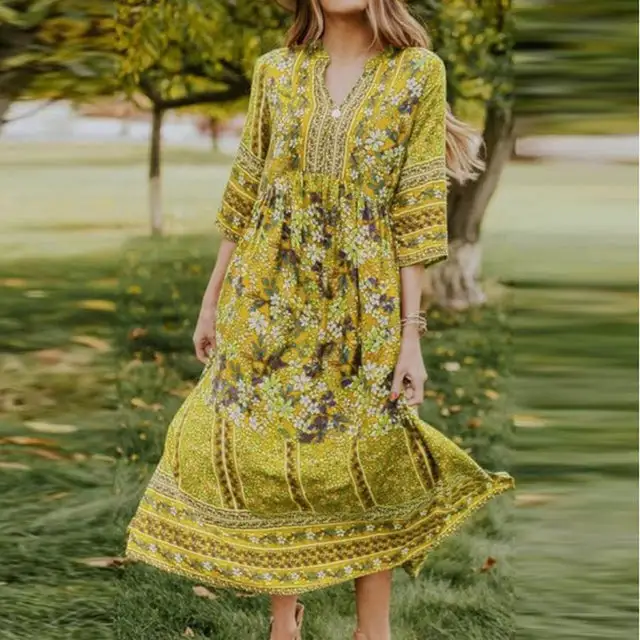 Summer Boho Floral V Neck Half Sleeve Loose Dress