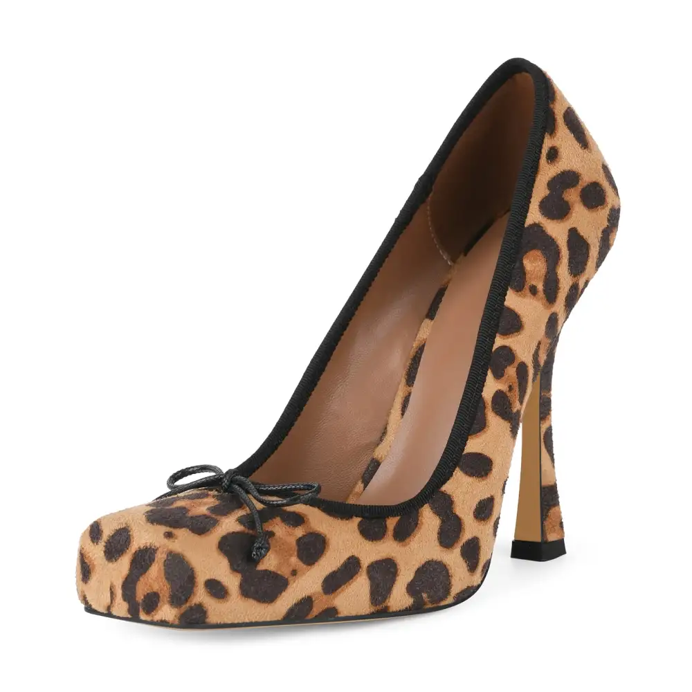 Suede Finish Leopard Pattern Square Toe Stiletto Pumps