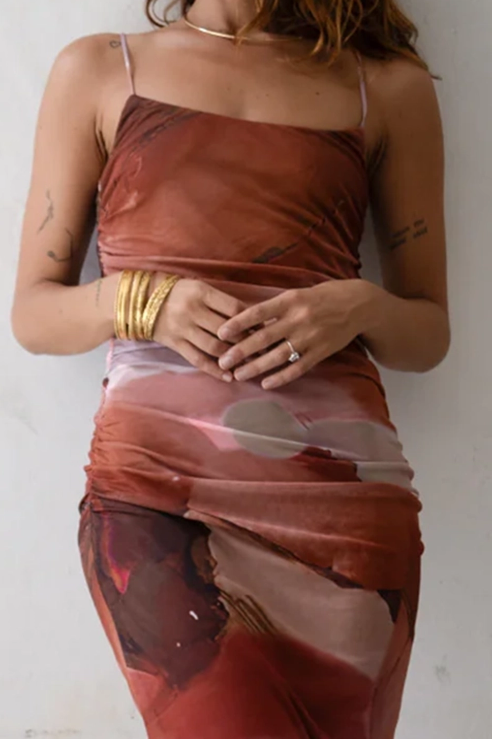 Rust Abstract Mesh Midi Dress