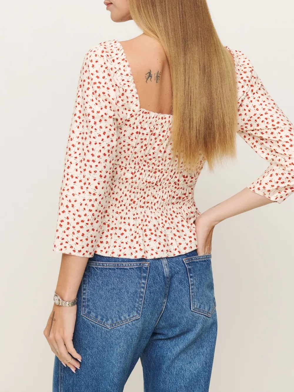 Ruched Square Neck Three Quarter Sleeve Blouse