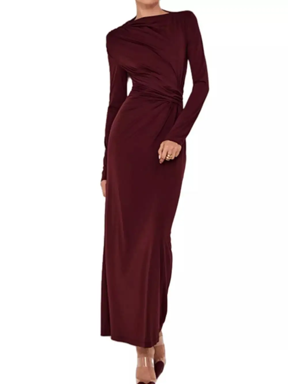 Balanced Detail Ruched Long Sleeve Maxi Dress