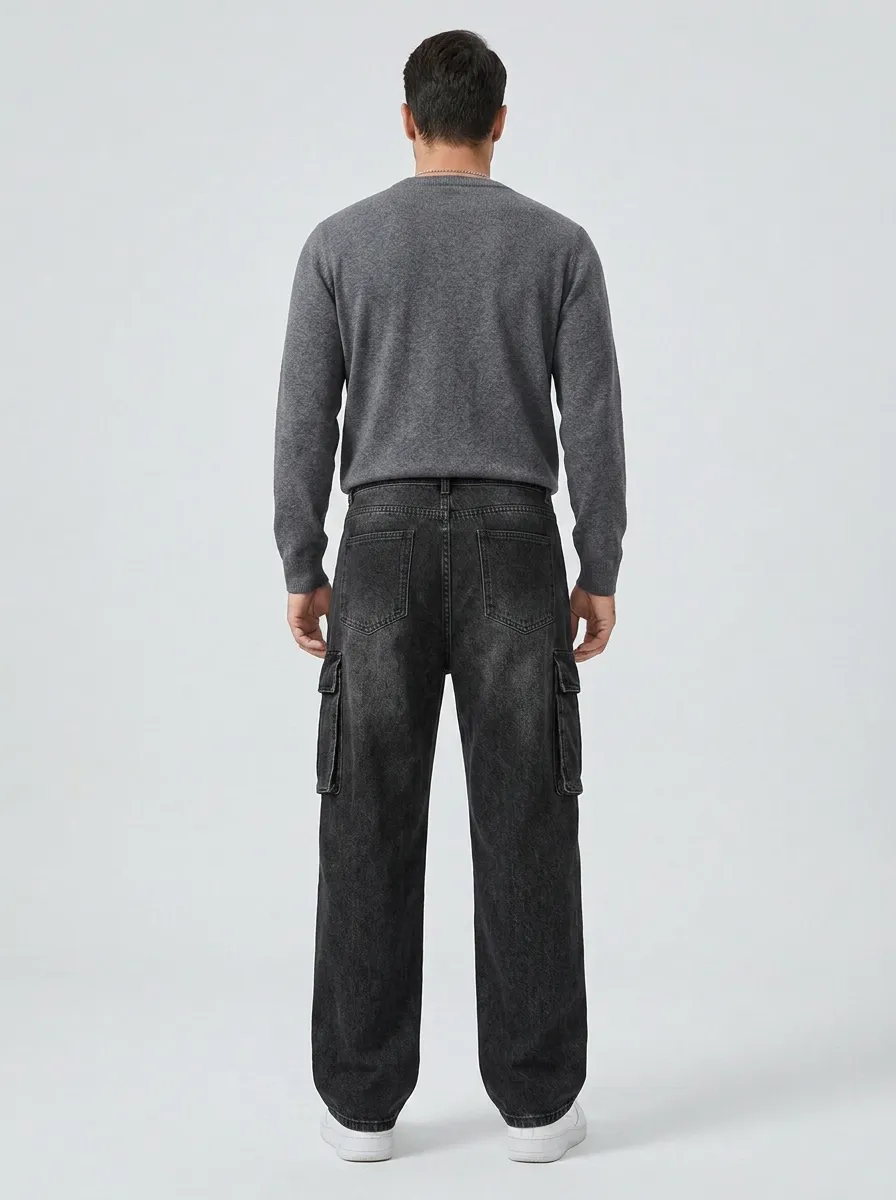 Men's Embroidered Cargo Washed Star Wide Leg Jeans