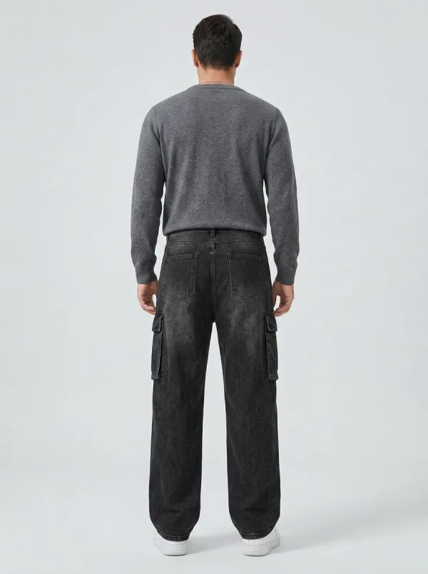 Men's Embroidered Cargo Washed Star Wide Leg Jeans