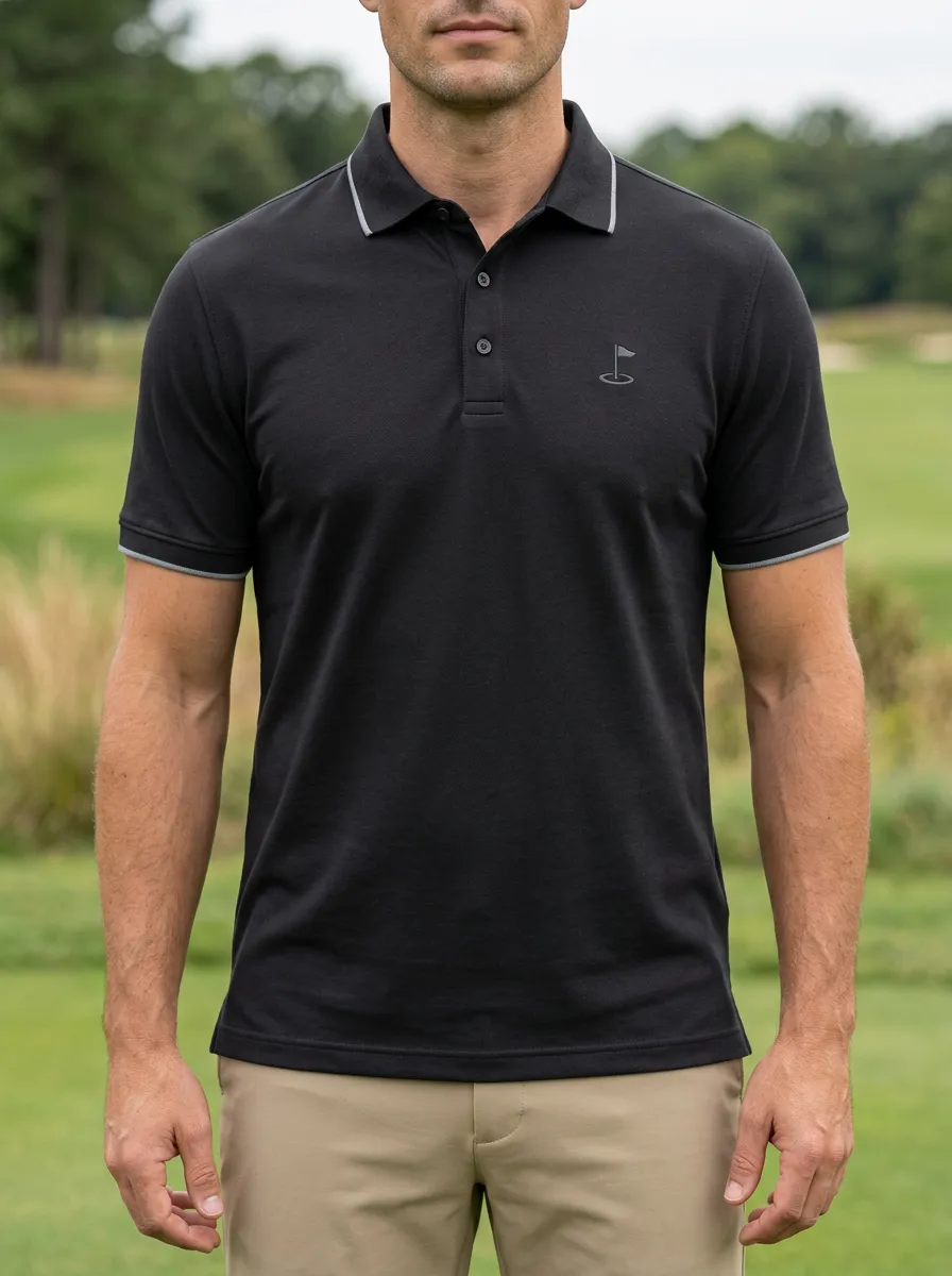 Course Flag-Motif Embroidered Golf Polo Shirt