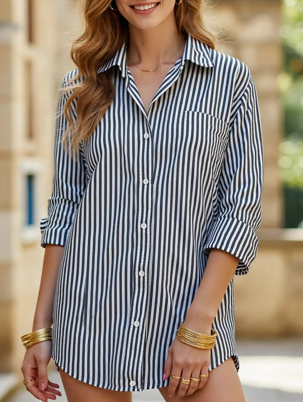 Striped Lapel Long-Sleeved Cardigan Shirt