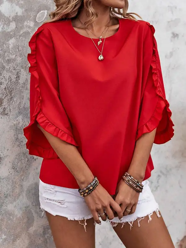Relaxed Three Quarter Sleeves Ruffle Trim Round Neck T-Shirt