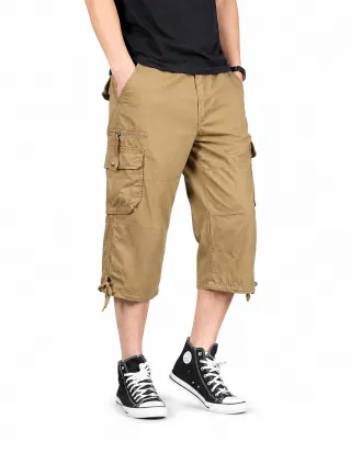 Men's Cropped Cargo Capri Pants with Utility Pockets and Drawstring Hem