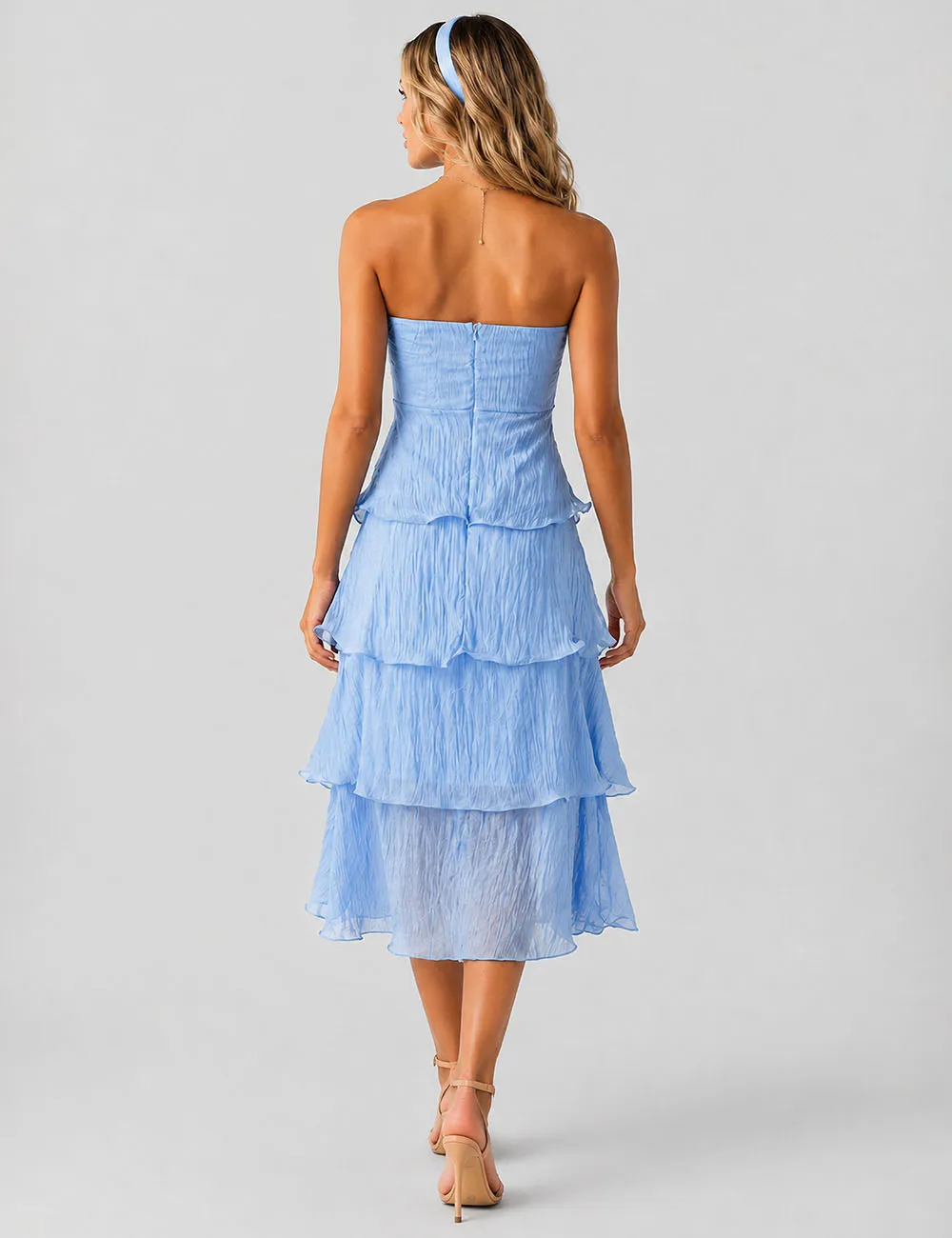 Chic Crinkle Strapless Tiered Ruffle Tube Midi Dress
