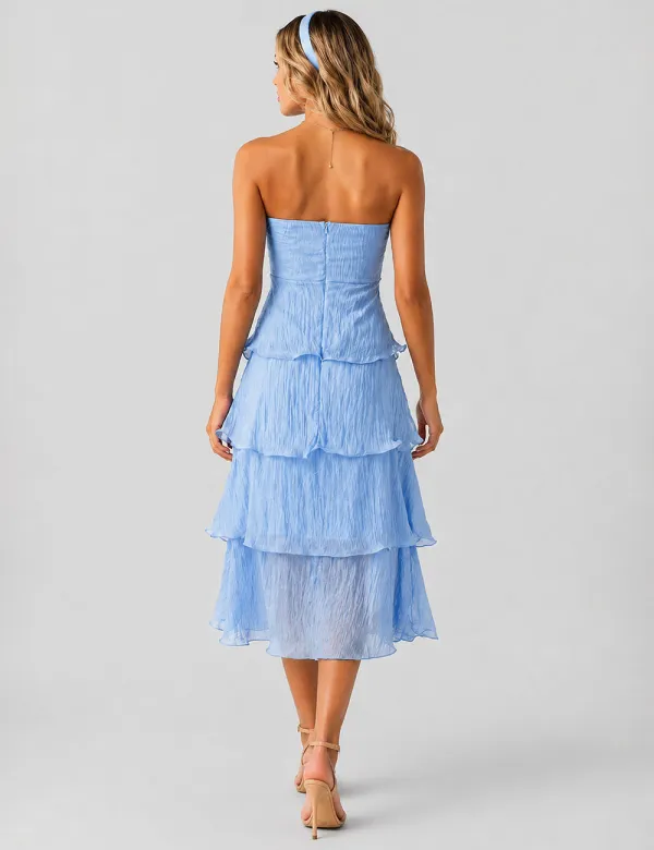 Chic Crinkle Strapless Tiered Ruffle Tube Midi Dress