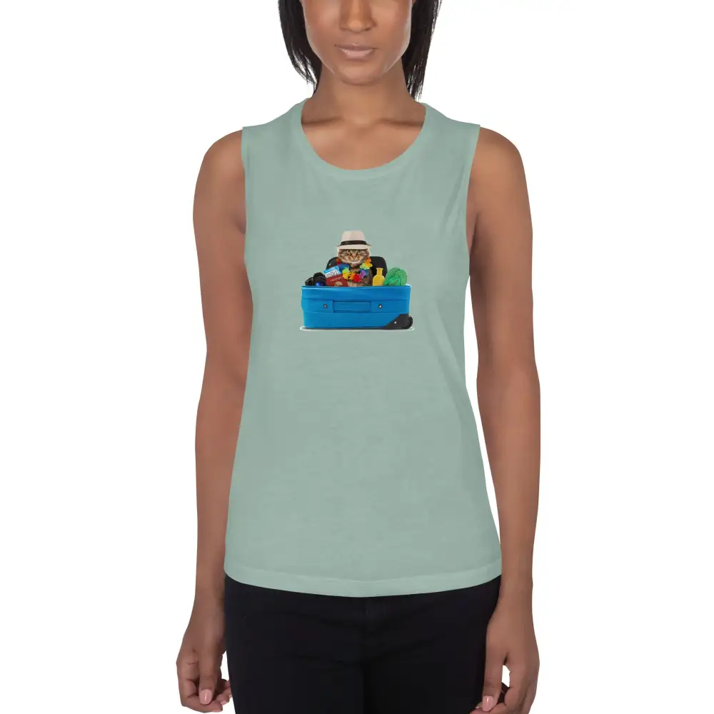 Graphic Ladies Muscle Tank Cat Tourist Tank Top