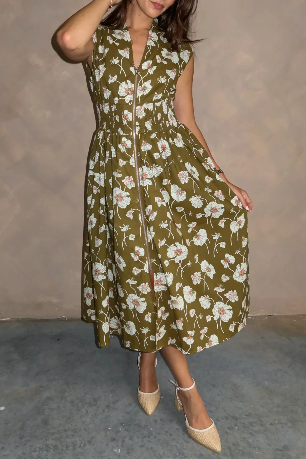 Floral Front Zipper Midi Dress