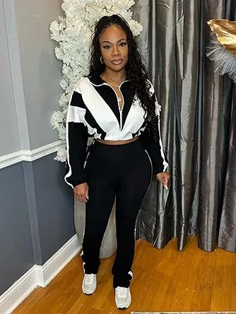 Womens Sweatsuits 2 Piece Set Contrast Color Long Sleeve Zip Up Cropped Jacket Leggings Pants Jogger Track Suits