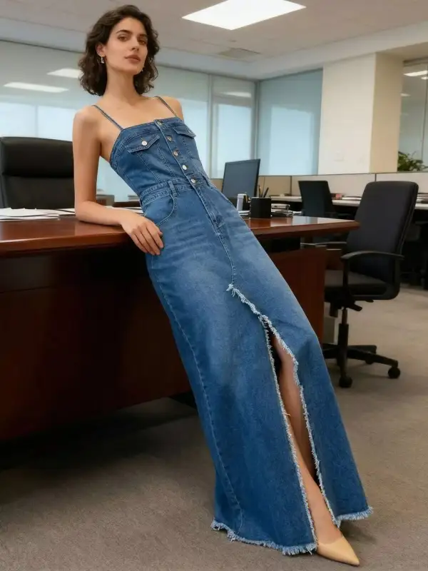 Denim Slit Sleeveless Dress Casual