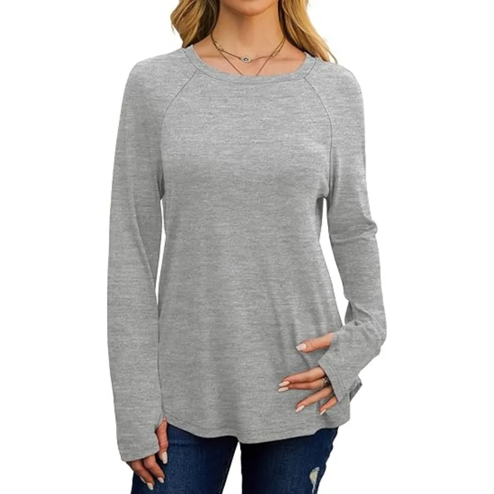 Womens Tunic Tops to Wear with Leggings Long Sleeve Thumb Hole Shirts Crew Neck Curved Hem