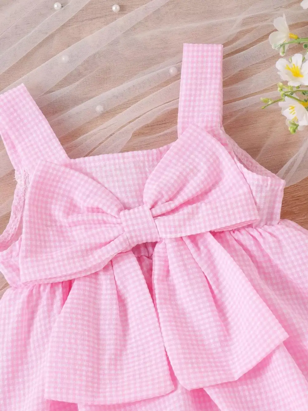 Girls Bow-Knot Gingham One-Piece Dress