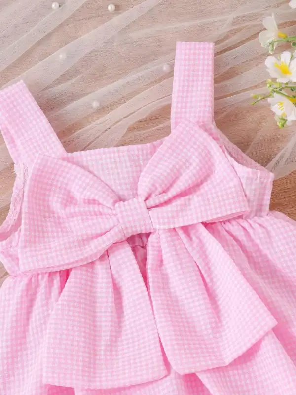 Girls Bow-Knot Gingham One-Piece Dress