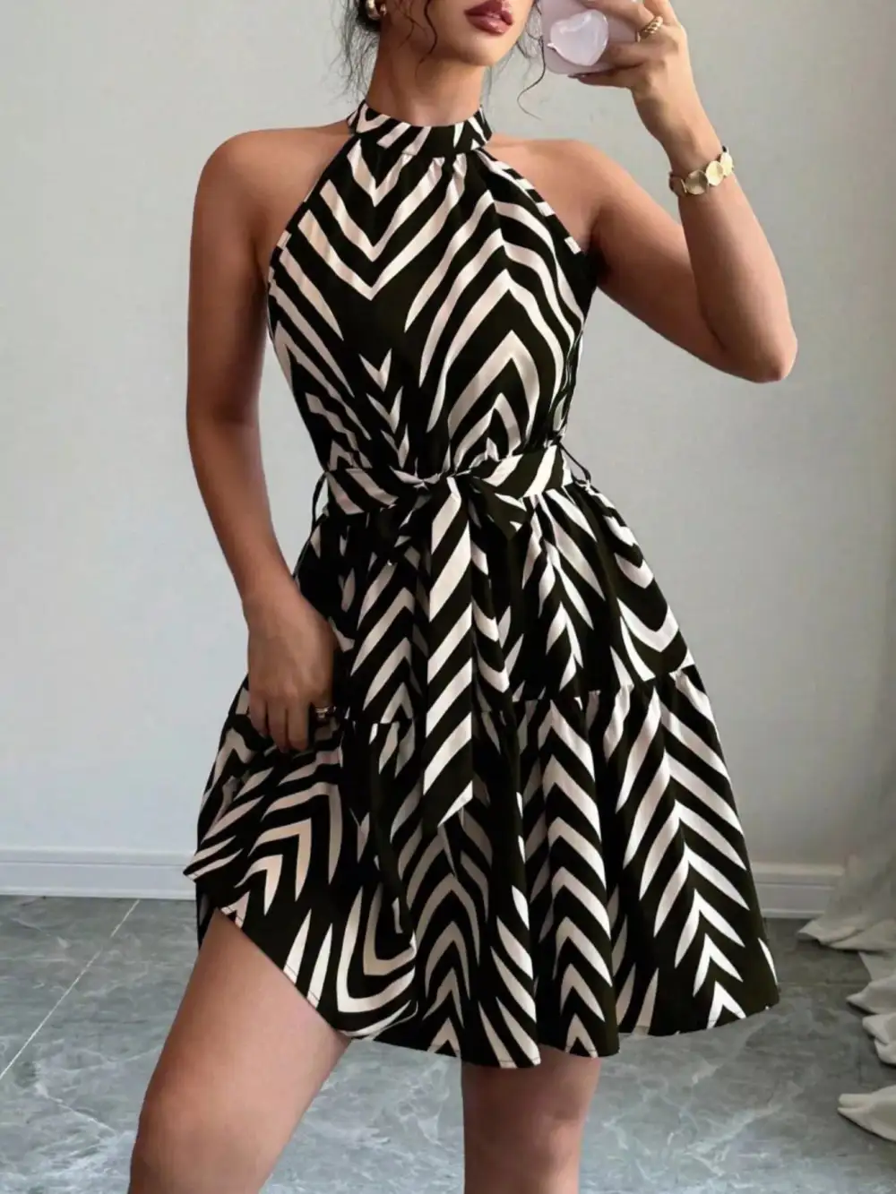 Printed Tie Waist Ruffle Dress Casual